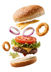 Juicy Burger with Cheese, Onions, and Crispy Onion Rings A Delicious Fast Food Meal
