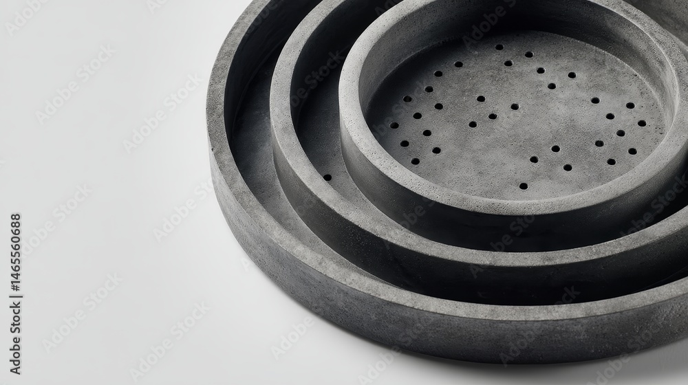 Poster Concentric circles create a captivating abstract pattern with dotted textures in soft grey hues, providing ample space for text on the right side