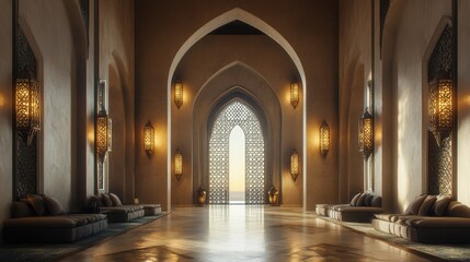 Obraz premium Serene Luxury Lounge: Arabian Archway Interior Design