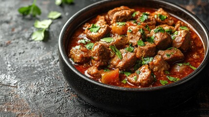 Fototapeta premium Delicious hearty beef stew with tender meat chunks and vegetables in savory broth served in a black bowl on rustic dark surface