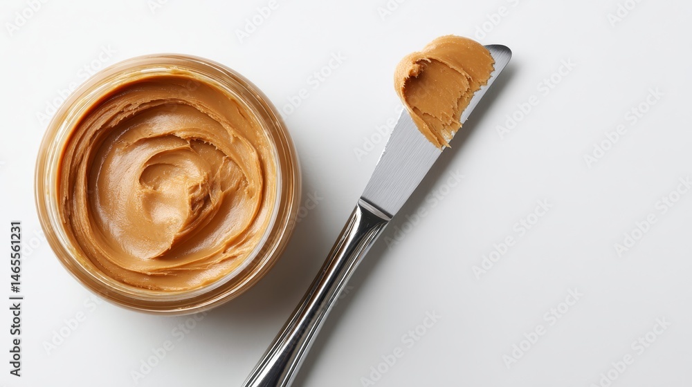 Poster A top-down close-up view displays smooth peanut butter spread in a circular pattern with a knife mark on a pristine white surface, highlighting its creamy texture