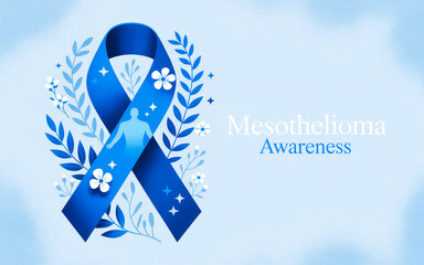Blue ribbon for mesothelioma awareness featuring floral elements.