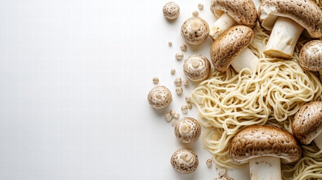Fresh white mushrooms and uncooked spaghetti pasta arranged on a light background for prepa healthy vegetarian or vegan meals with natural ingredients