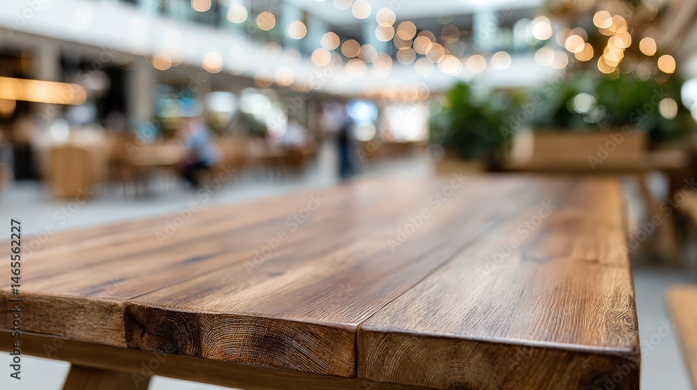 Poster Polished oak tabletop presented prominently with a softly blurred rustic cafe interior in the background, providing ample copy space for artistic use