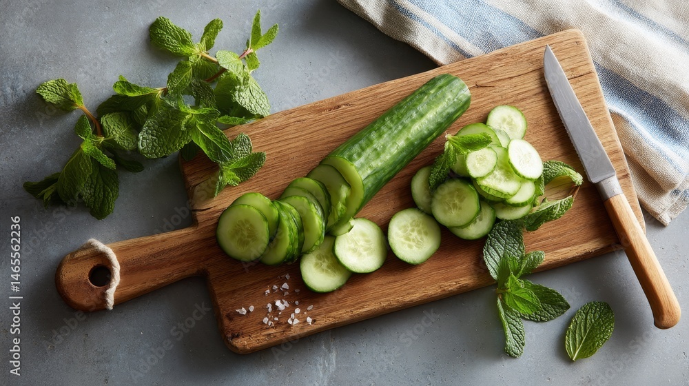 Poster Sliced cucumbers are artfully arranged on a light cutting board, accompanied by scattered aromatic leaves, creating a vibrant display of freshness and flavor