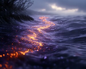 Fototapeta premium Sparkling, glowing waterline at twilight's edge.