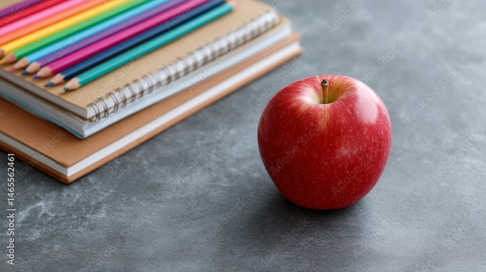 Poster a bright red apple rests on a stack of notebooks beside vibrant colored pencils, set against a chalk