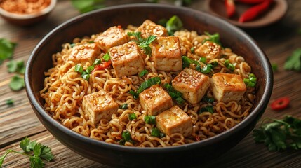 Fototapeta premium Delicious Asian style stir-fried noodle dish with crispy tofu cubes garnished with fresh herbs and vegetables served in a black bowl on rustic wooden table