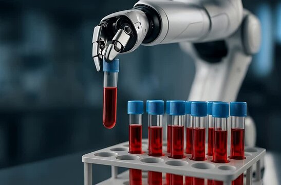Robotic arm places test tube in rack and removes it again