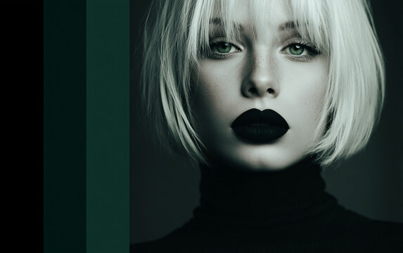 dramatic female portrait with pale skin, dark lipstick and green eyes in high contrast lighting, expressive fashion model with short hair and intense gaze in gothic and elegant style
