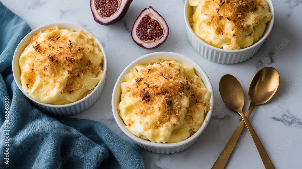 Poster top-down shot features a delectable passion fruit dessert in three shallow bowls, adorned with toast