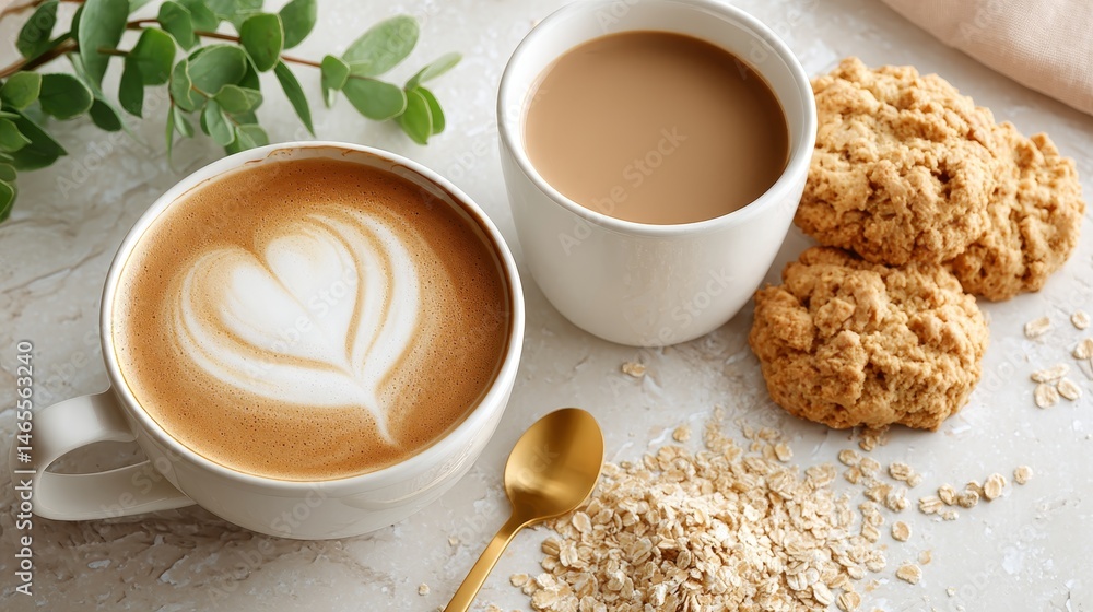 Poster enjoy warm scones paired with frothy cappuccino featuring delicate foam patterns on a sunlit marble 