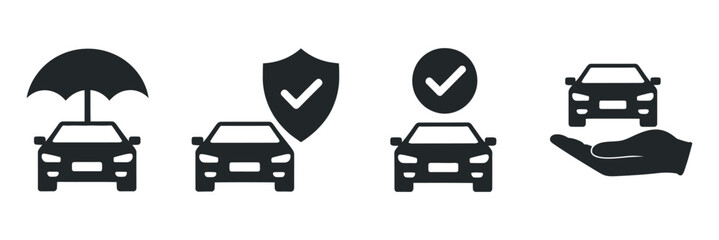 Car Insurance Protection Icons Set Umbrella Shield Checkmark Hand