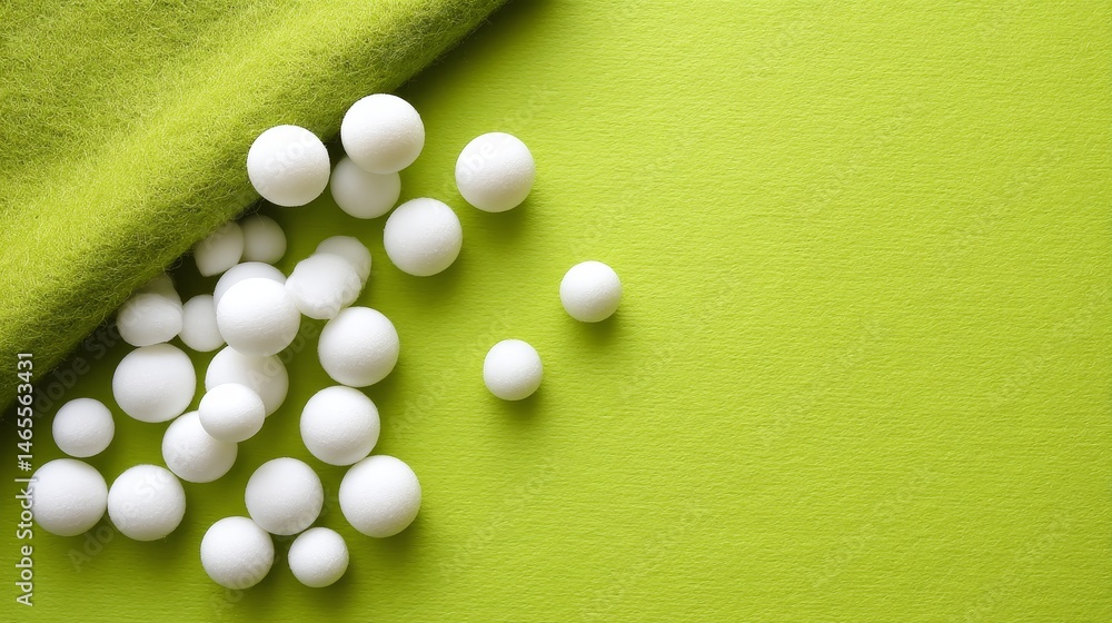 Poster tiny white decorative spheres are thoughtfully arranged on bright green felt, creating a tranquil an