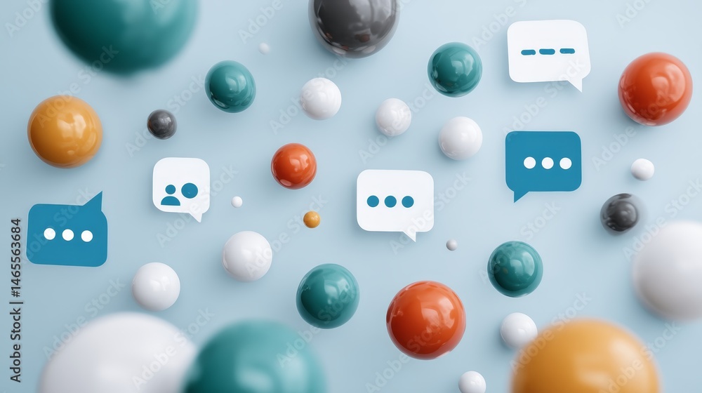 Leinwandbilder Floating messaging icons and speech bubbles are arranged artistically against a soft gradient, illustrating the concept of virtual interaction with ample copy space