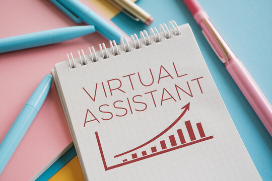 Notepad with "Virtual Assistant" and growth chart, surrounded by pastel pens, showcasing business growth and virtual assistance services, ideal for marketing or business concepts