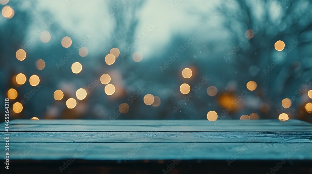 Poster Empty wooden table showing falling snow and bokeh lights in winter
