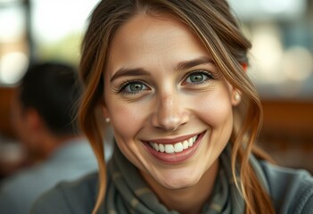 Fototapeta premium Photorealistic portrait of a 30-year-old woman with a warm and friendly expression
