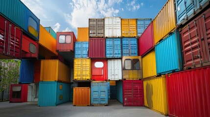 Colorful Cargo Containers Stacked High Against a Blue Sky