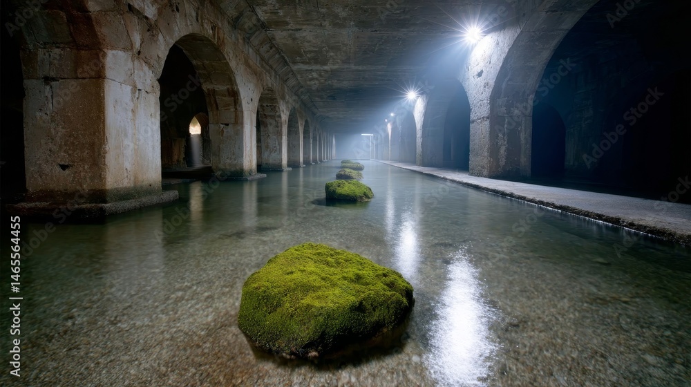 Poster submerged ruins glow with coral and moss in clear waters, as blue light softly highlights ancient st