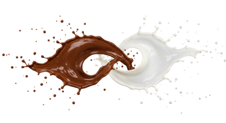 Splash de chocolate e leite formando símbolo do infinito em fundo transparente, representando equilíbrio e contraste visual entre sabores.