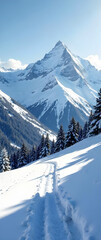 Background: Minimalist snowy mountain resort on a clear morning; 