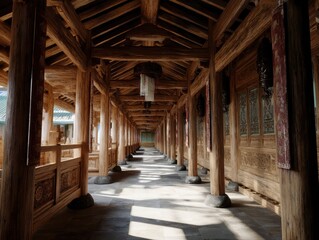 Architectural marvel featuring a wooden corridor, displaying timeless design and intricate craftsmanship. Light plays across the stone floor.