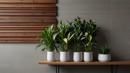 Greenery display on wooden shelf