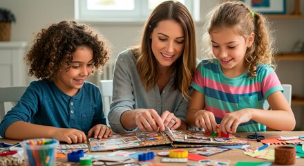 Fototapeta premium Mother and child blowing dandelions in a field at sunset enjoying a peaceful and happy moment together