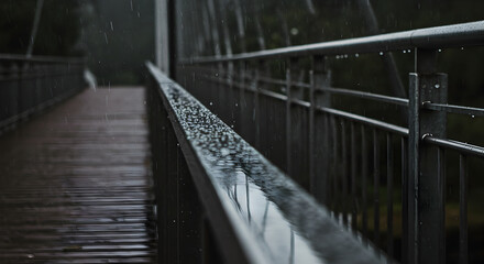 Melancholy Scenery Of A Bridge And Handrail In Pouring Rain Outdoors