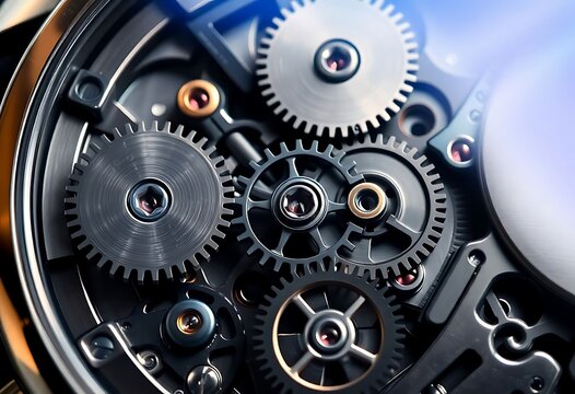 close up of a watch face showing the gears
