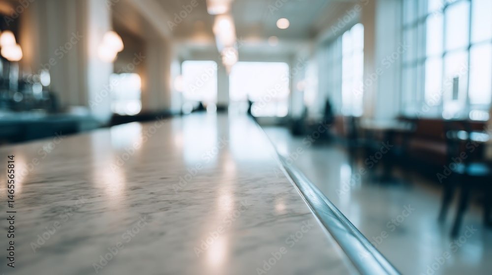 Aufkleber Natural light streams over a smooth marble surface, showcasing a tranquil environment with softly blurred background elements and ample copy space