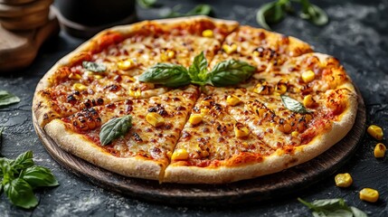 Delicious freshly baked pizza with melted cheese crispy crust tomato sauce corn and basil leaves on dark rustic surface perfect for meal or snack