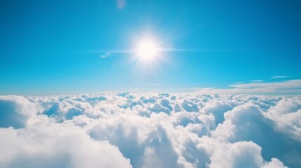 Naklejka premium Above the Clouds Two Blue Sky - Serene landscape, boundless freedom, heavenly view, peaceful atmosphere, majestic cloudscape. Symbolizing hope, tranquility, aspiration, limitless potential