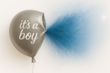 Silver balloon with It's a boy lettering is bursting with light blue glitter on a white background, gender reveal