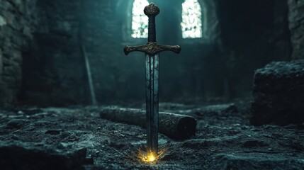 Naklejka premium A sword glowing faintly in the darkness of an abandoned crypt 