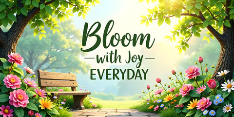 text="Bloom with Joy Everyday" in a beautiful botanical garden scene with colorful flowers blooming all around, lush greenery, and a small wooden bench. Handcrafted watercolor-style font, 48 pt, dynam