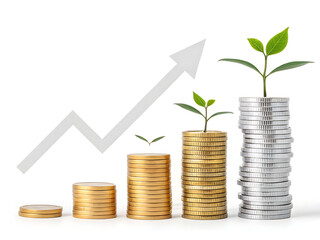 Stacks of coins with plants growing from them and an arrow pointing up on a white background
