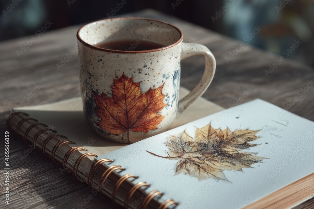 Aufkleber warm drink beside vintage notebook featuring falling leaf sketch on a cozy table setting generative 