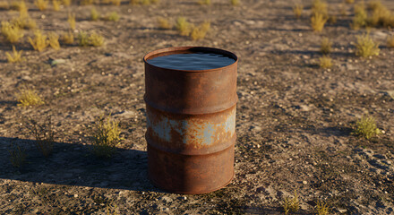 Obraz premium Rusty Drum Filled With Water In A Barren Landscape Under Sunlight