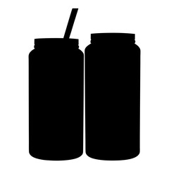 Two black silhouettes of water bottles, one with a straw on white background