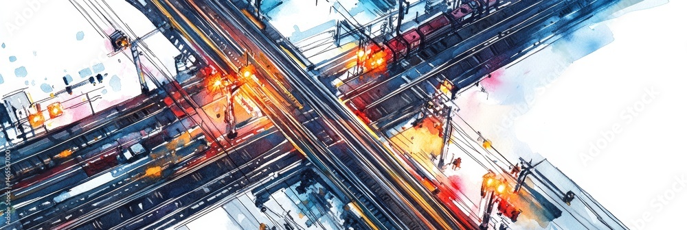 Poster abstract cityscape intersection - aerial view of a busy city intersection, featuring vibrant colors 