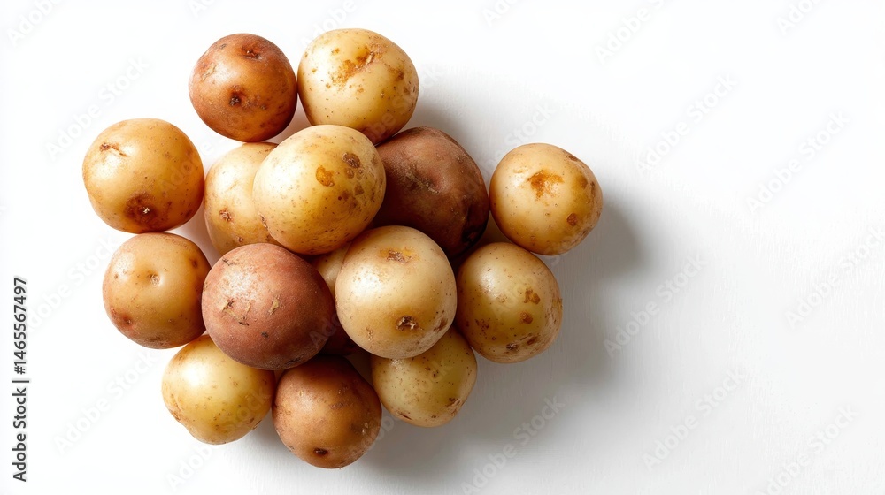 Aufkleber Unpeeled russet potatoes are arranged in a pyramid shape on a plain white surface, showcasing their natural color and texture with well-distributed highlights
