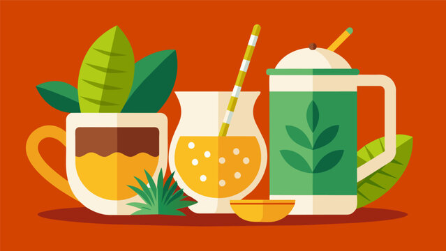 A section dedicated to traditional beverages with displays of mate horchata and tejate along with their cultural significance.. Vector illustration