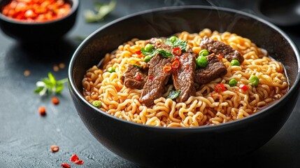 Delicious hot spicy beef instant ramen noodles dish in black bowl garnished with green onions and vegetables on dark background