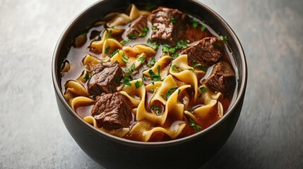 Delicious beef noodle soup in a black bowl featu tender beef chunks and wide egg noodles garnished with chopped green onions on a textured gray surface