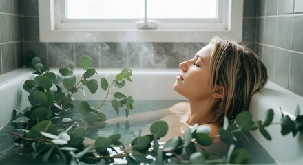 A woman relaxing in a steamy bath with eucalyptus branches under a bright window in a tiled bathroom