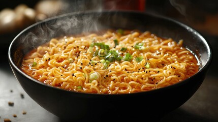 Hot steaming bowl of savory instant ramen noodles with green onions in a black bowl on a dark wooden surface vibrant steaming fresh flavorful