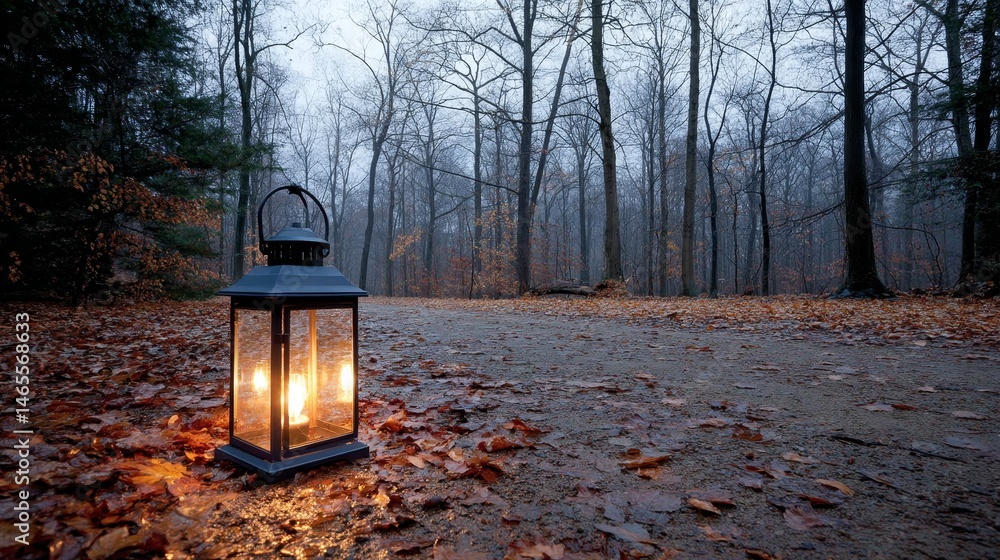Aufkleber A flickering lantern casts light over a forest path lined with bare trees and fallen leaves, creating a serene atmosphere in the twilight hour