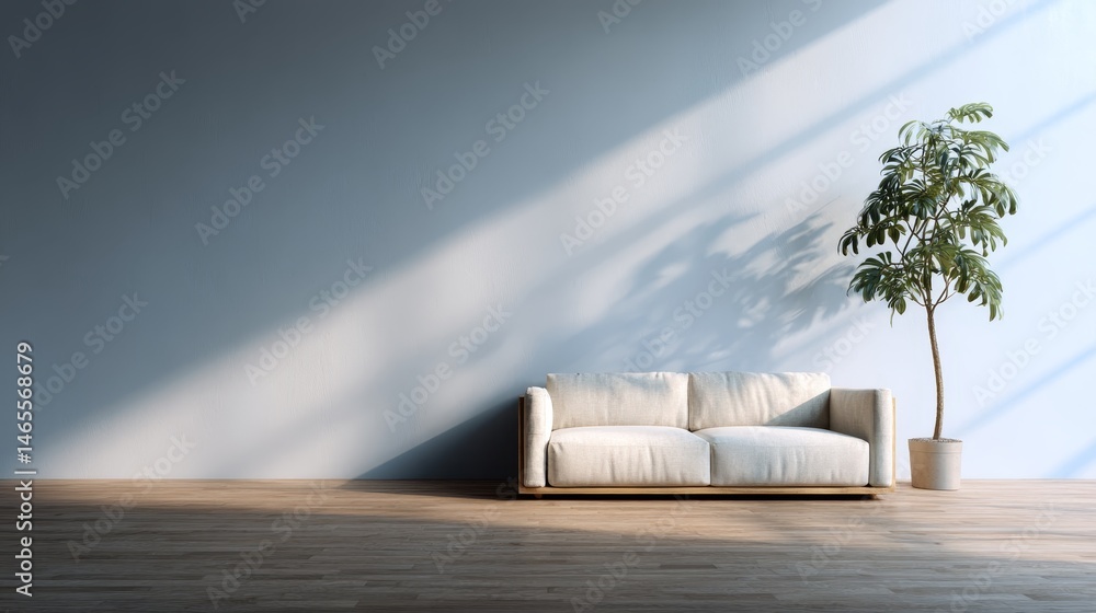 Aufkleber sunlight floods a spacious living area, creating beautiful patterns on a soft blue wall while minima